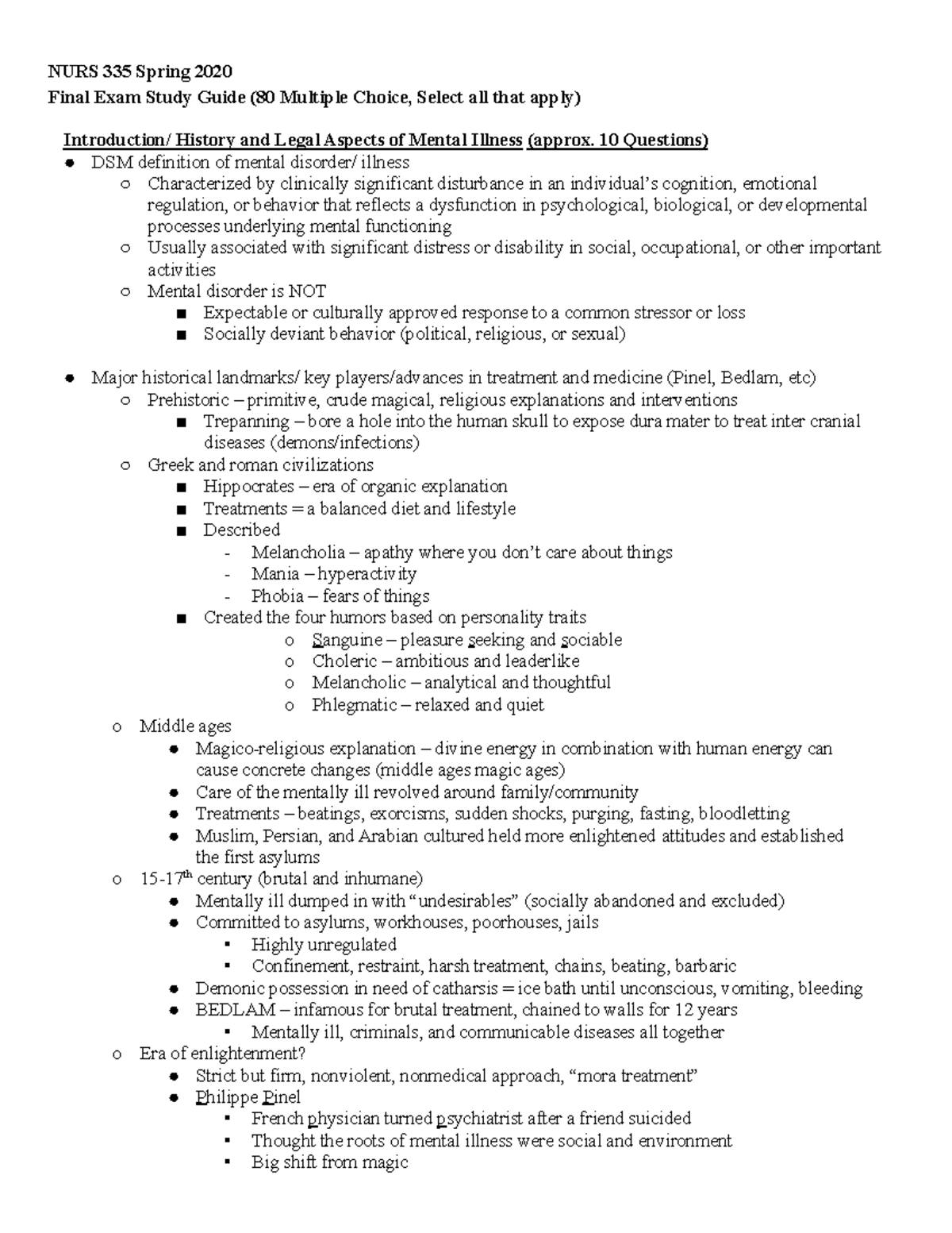 Final Exam Study Guide NURS 335 - Spring 2020 Mental Illness - Studocu