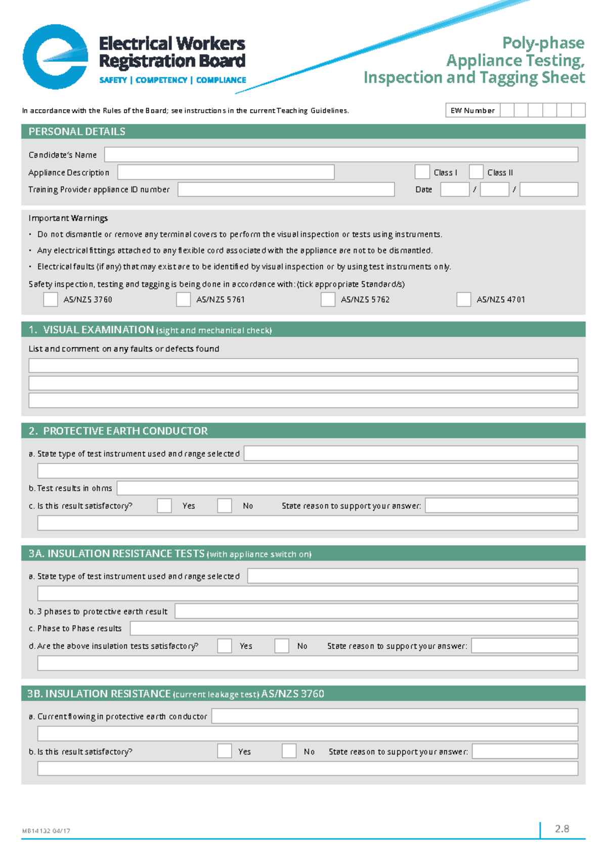 Appliance Testing and Inspection Sheet - EW 3760, 5761, 5762, 4701 ...