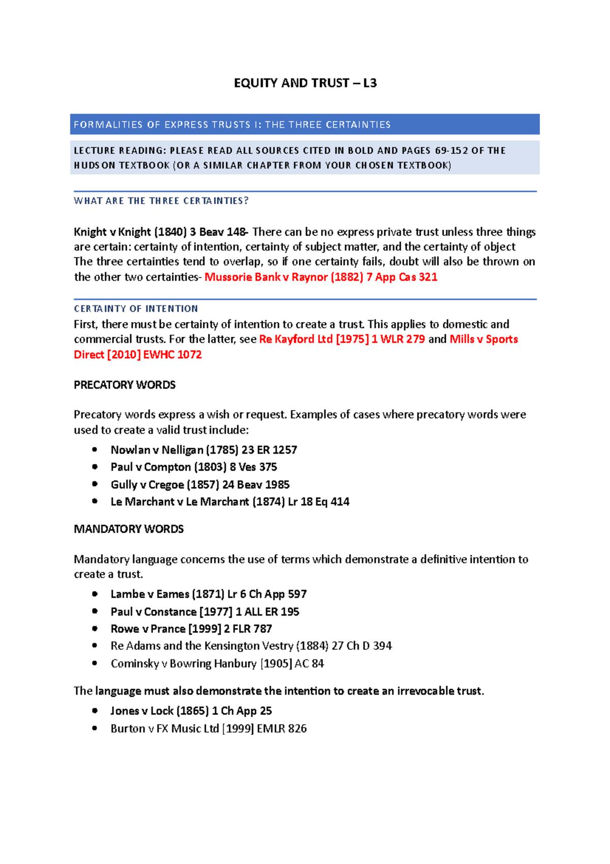 Equity and Trusts L - Lecture Notes on the Three Certainties - Studocu