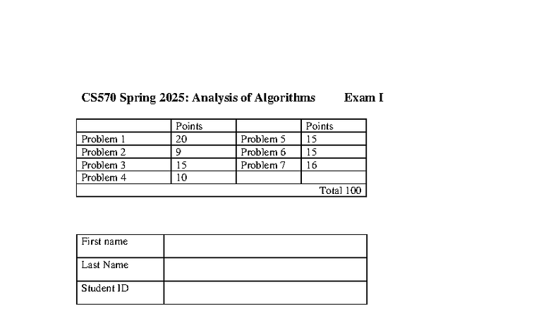 CS570 Spring 2025: Exam I on Analysis of Algorithms - Studocu