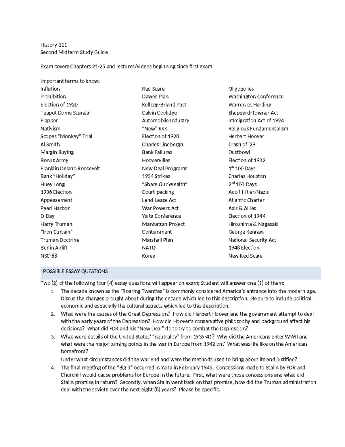 History 111: Second Midterm Study Guide for Chapters 21-25 - Studocu