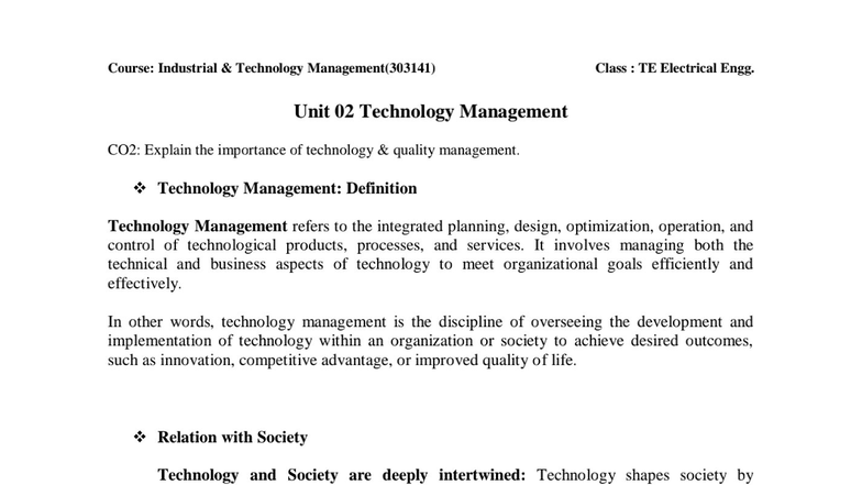 ITM 303141: Unit 02 Technology Management Overview and Importance - Studocu