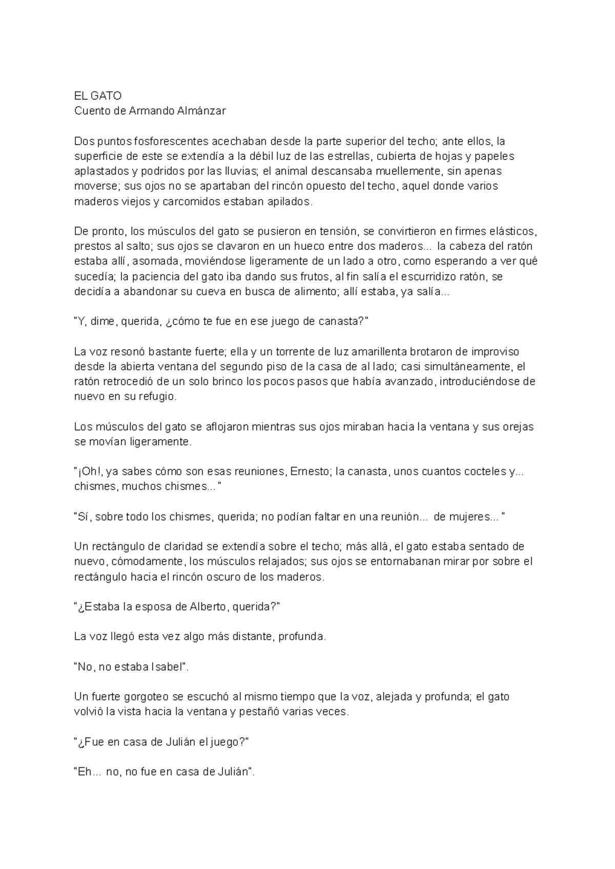 El gato - Cuento de Armando Almánzar - Studocu