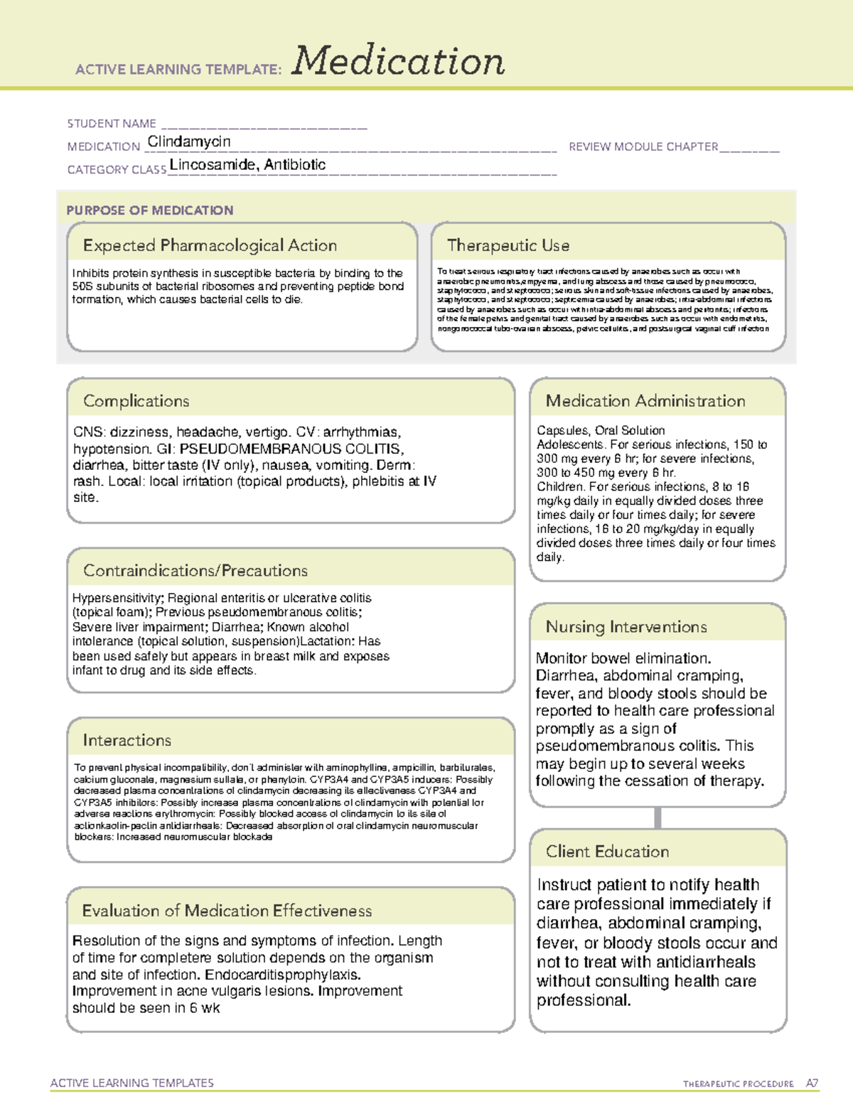 Clindamycin - Active Learning Template for Medication Cards - Studocu