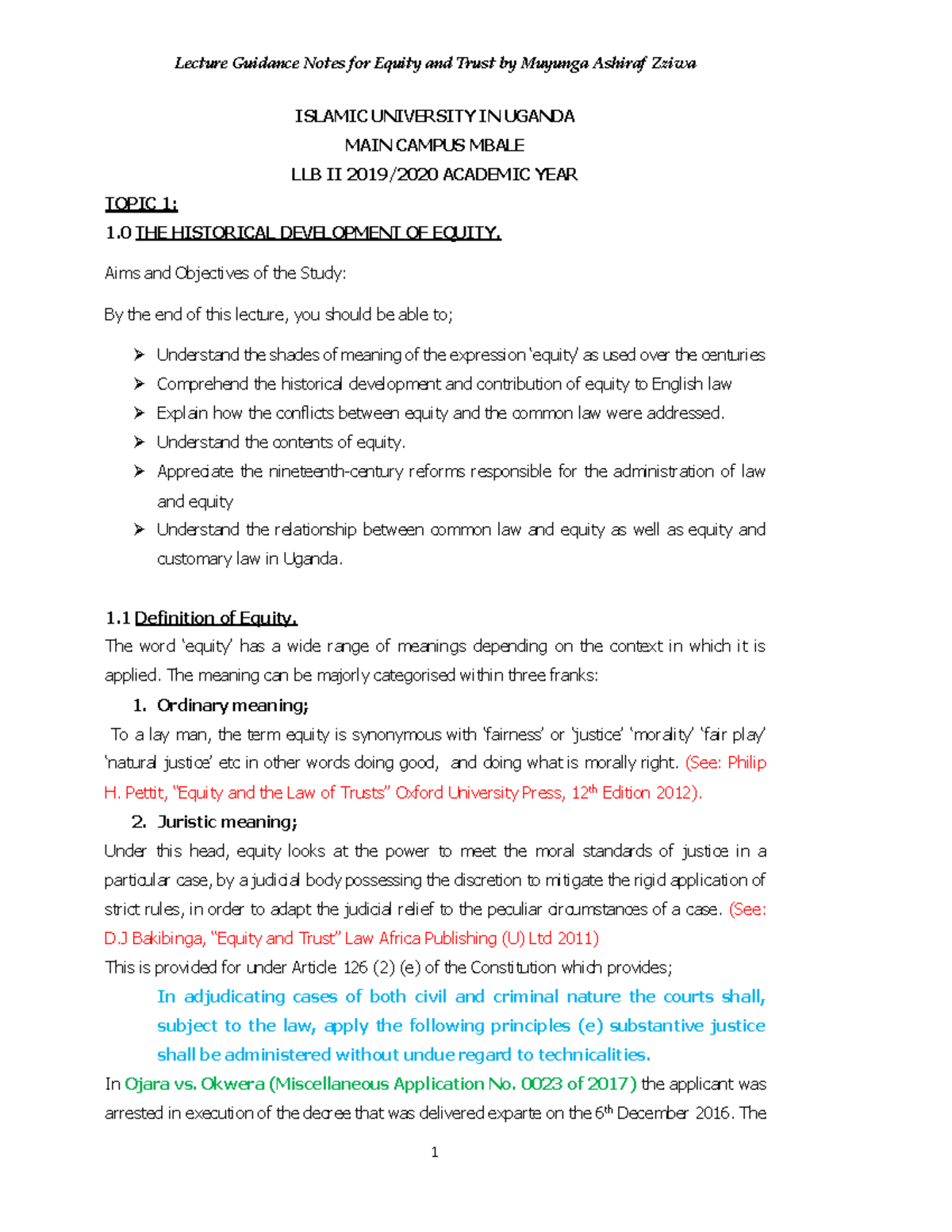 Lecture Notes on Equity and Trusts (LLB II) - Historical Development ...
