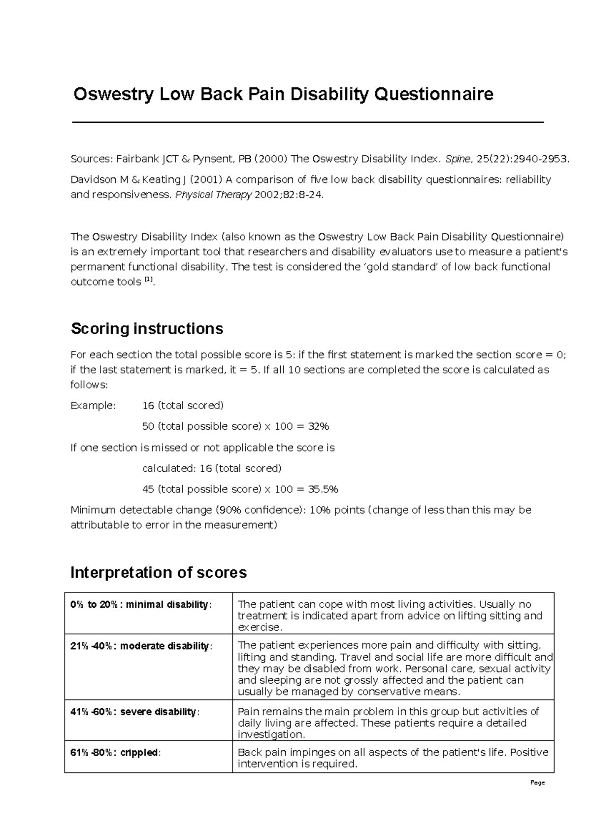 Oswestry Low Back Pain Disability Questionnaire Overview and Scoring ...