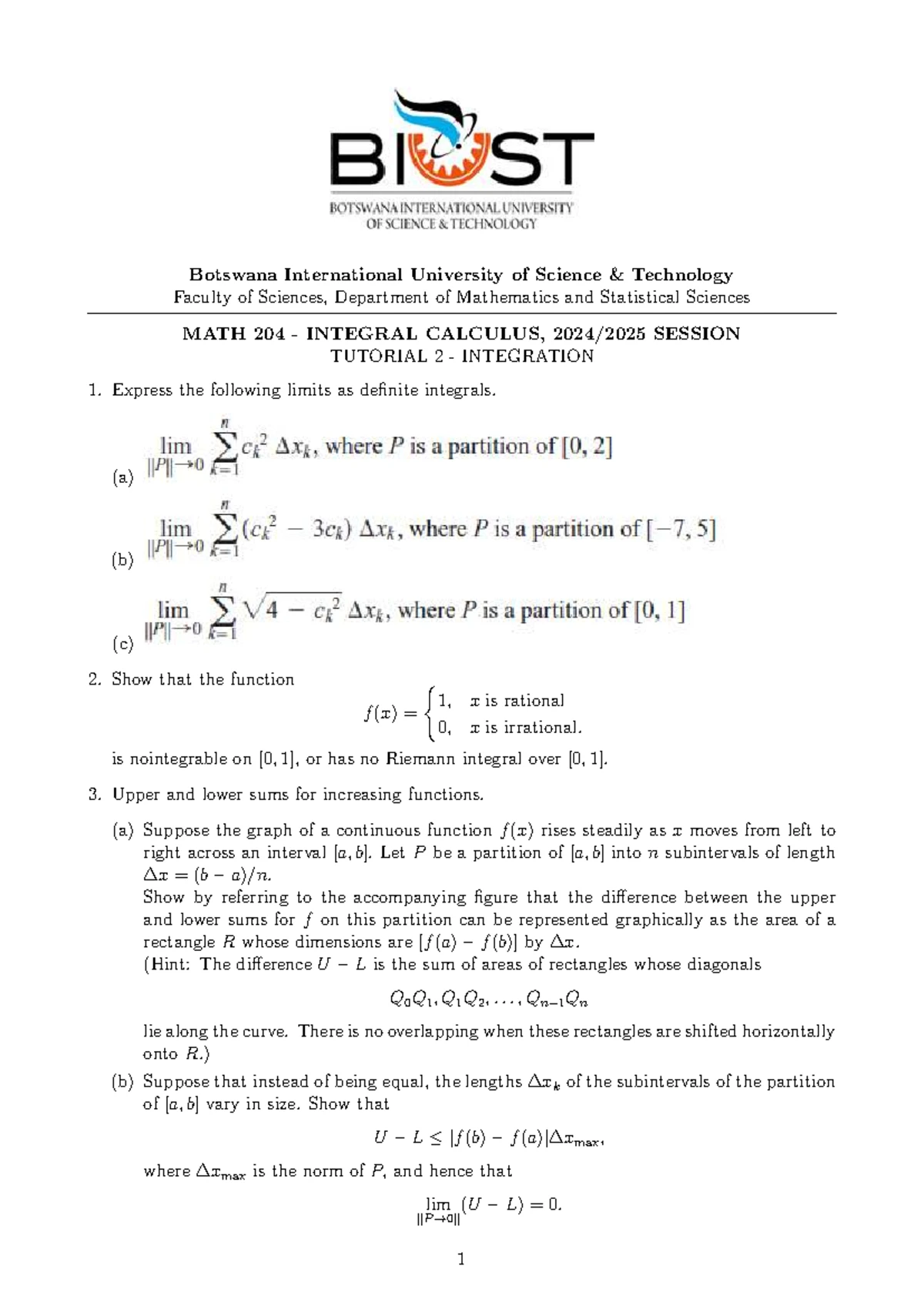 MATH 204 Integral Calculus - Tutorial 4: Applications of Integration ...