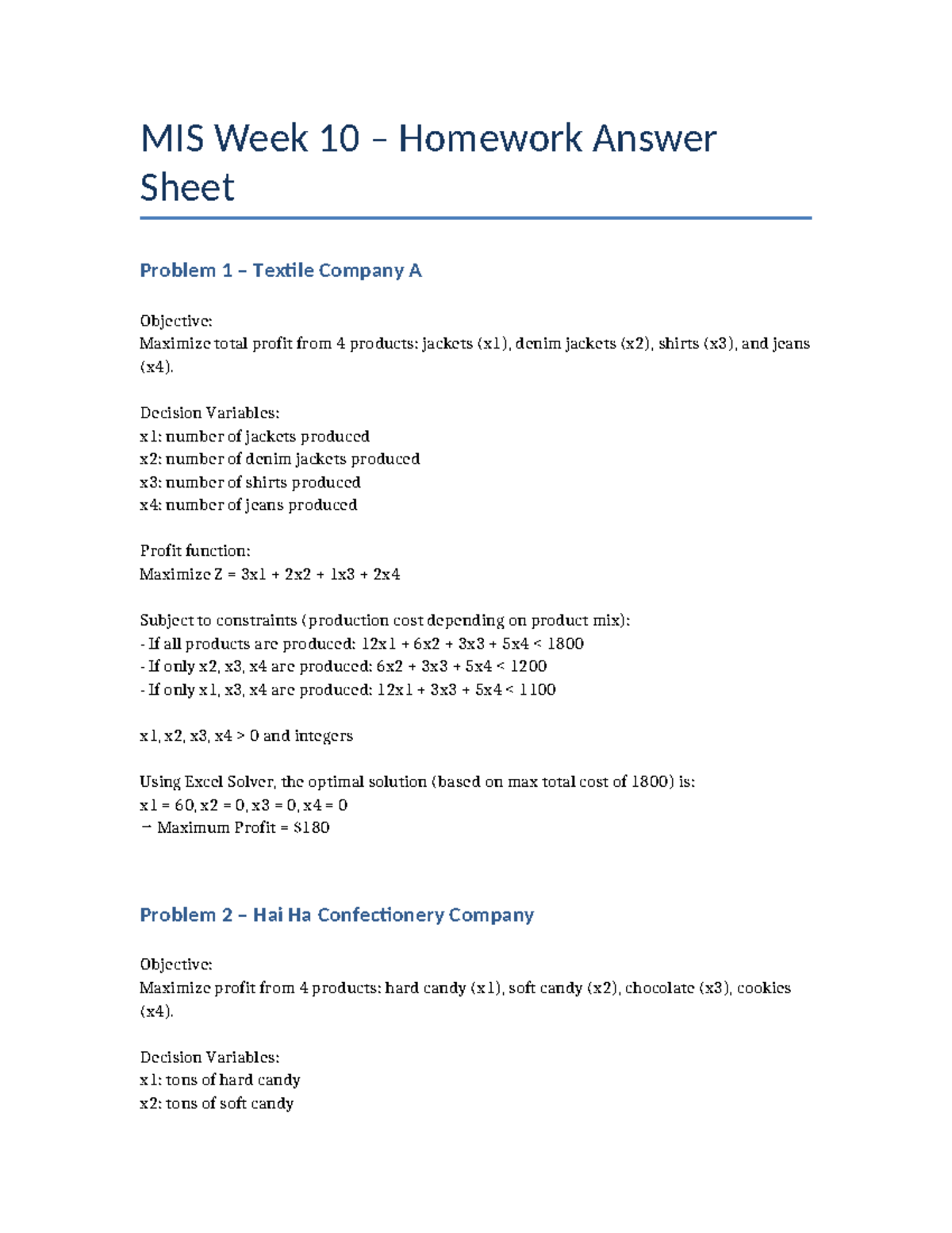 MIS 12345678 Week 10 - Homework Solutions on Profit Maximization - Studocu