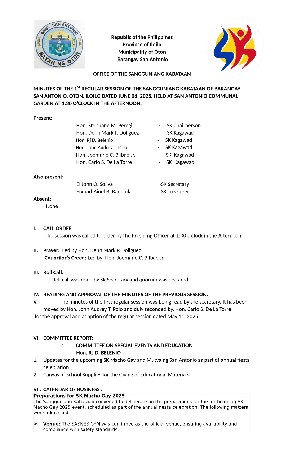 SK Regular Session Minutes - Barangay San Antonio, Oton (June 2025 ...