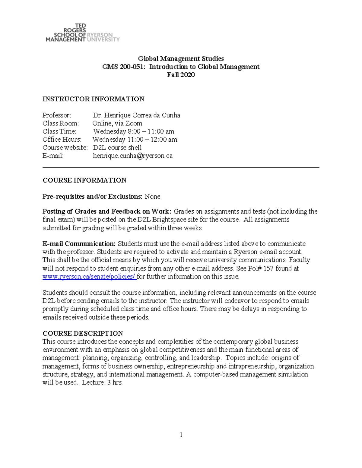 GMS200-051 Course Outline: Introduction to Global Management - F2020 ...
