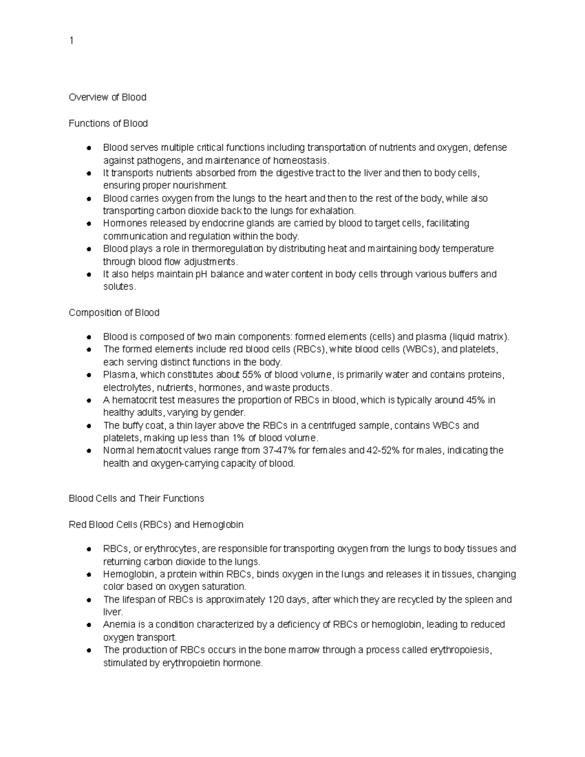 Unit 7 - Overview of Blood Functions and Composition Notes - Studocu
