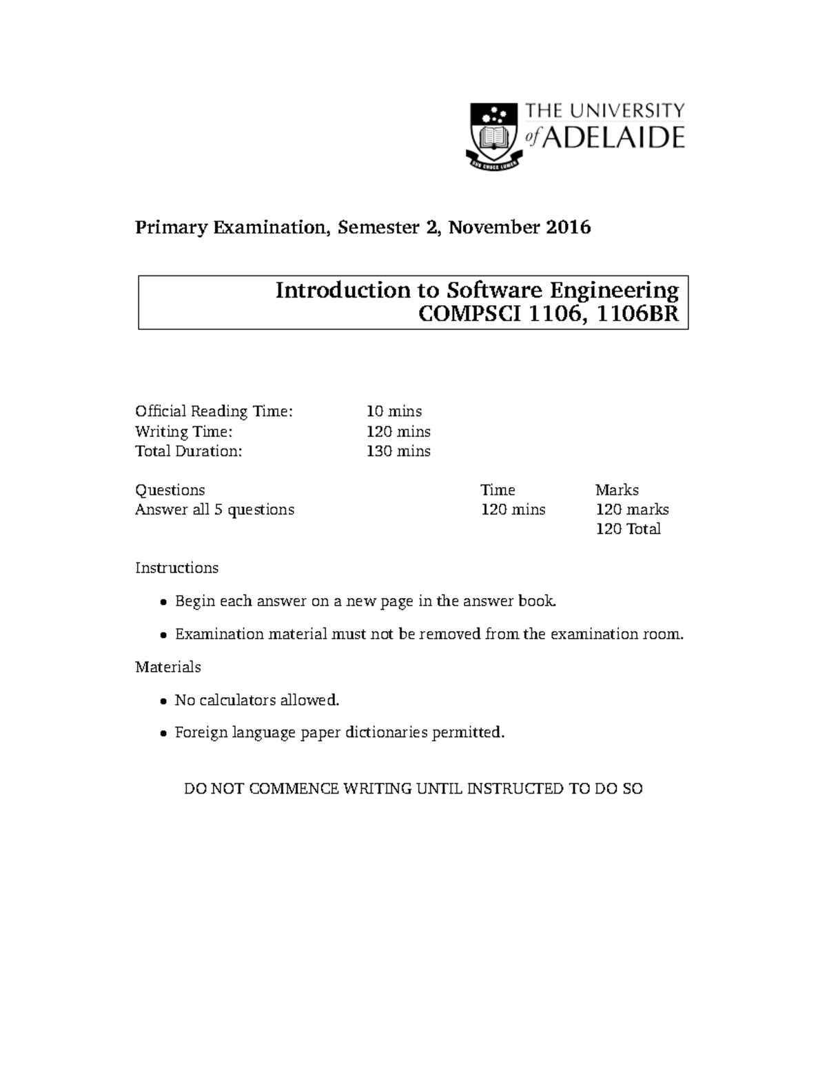 COMPSCI 1106 Practice Exam - Primary Examination Nov 2016 - Studocu
