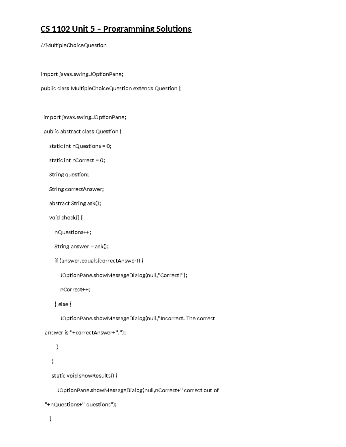 Programming Assign. Unit 3 Solution - Quiz Implementation in Java - Studocu