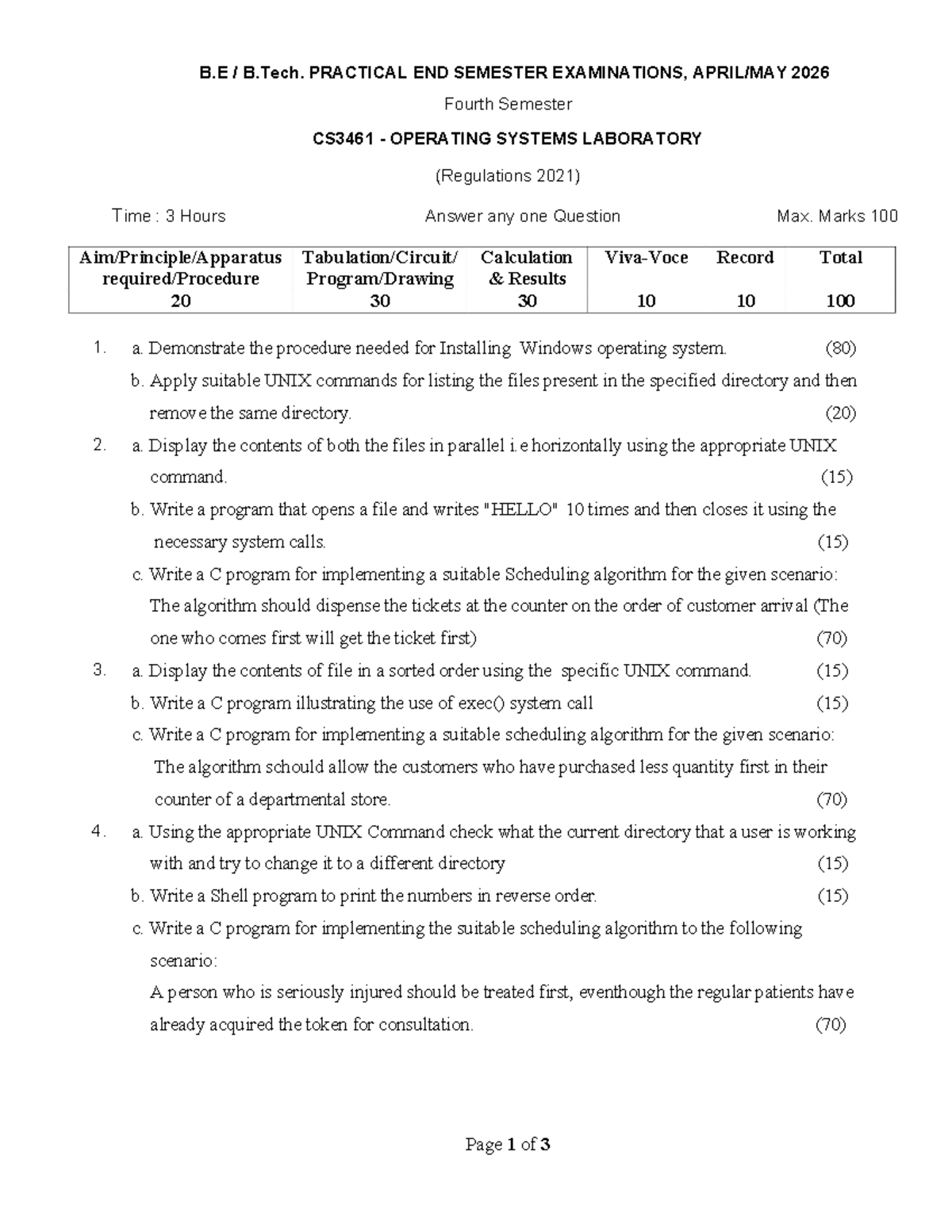 B.E B.Tech. CS3461 Operating Systems Lab Final Exam 2026 - Studocu