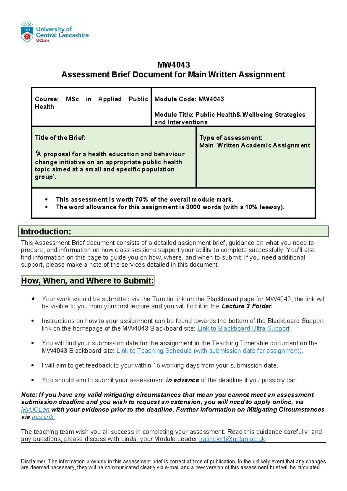 MW4043 Main Written Assignment Brief - MW Assessment Brief Document for ...