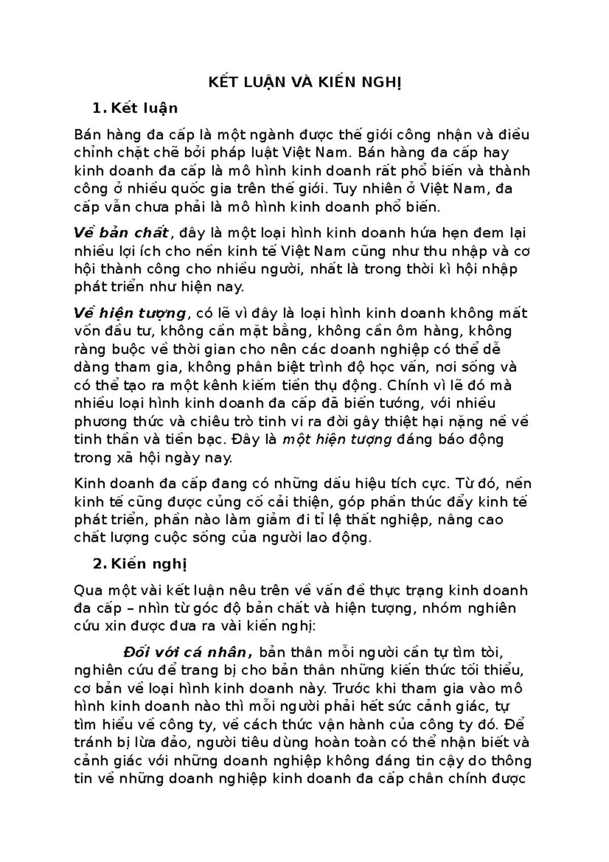 Kết luận và khuyến nghị