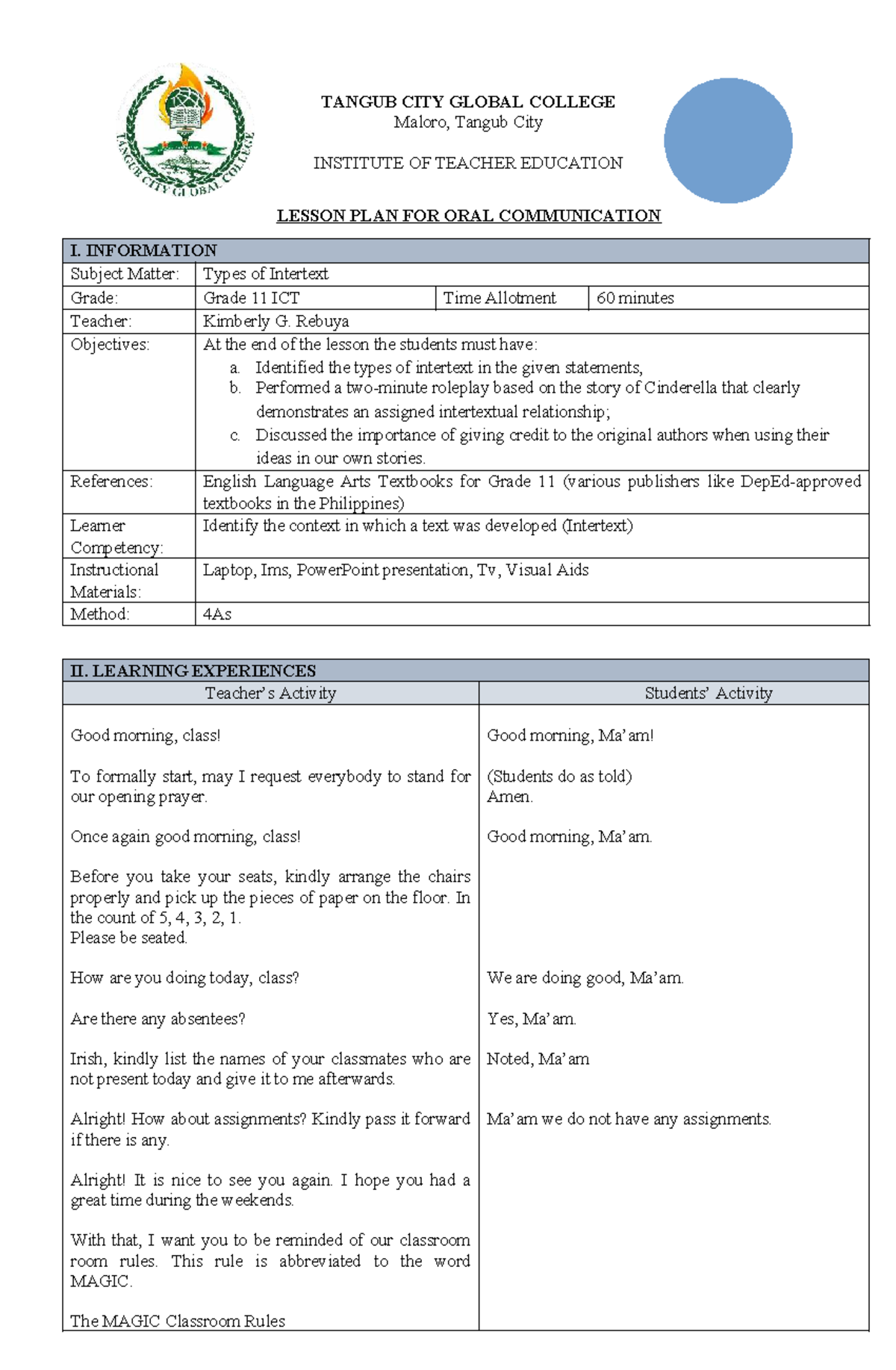Final Demo Lesson Plan: Types of Intertext (4AS) - Studocu