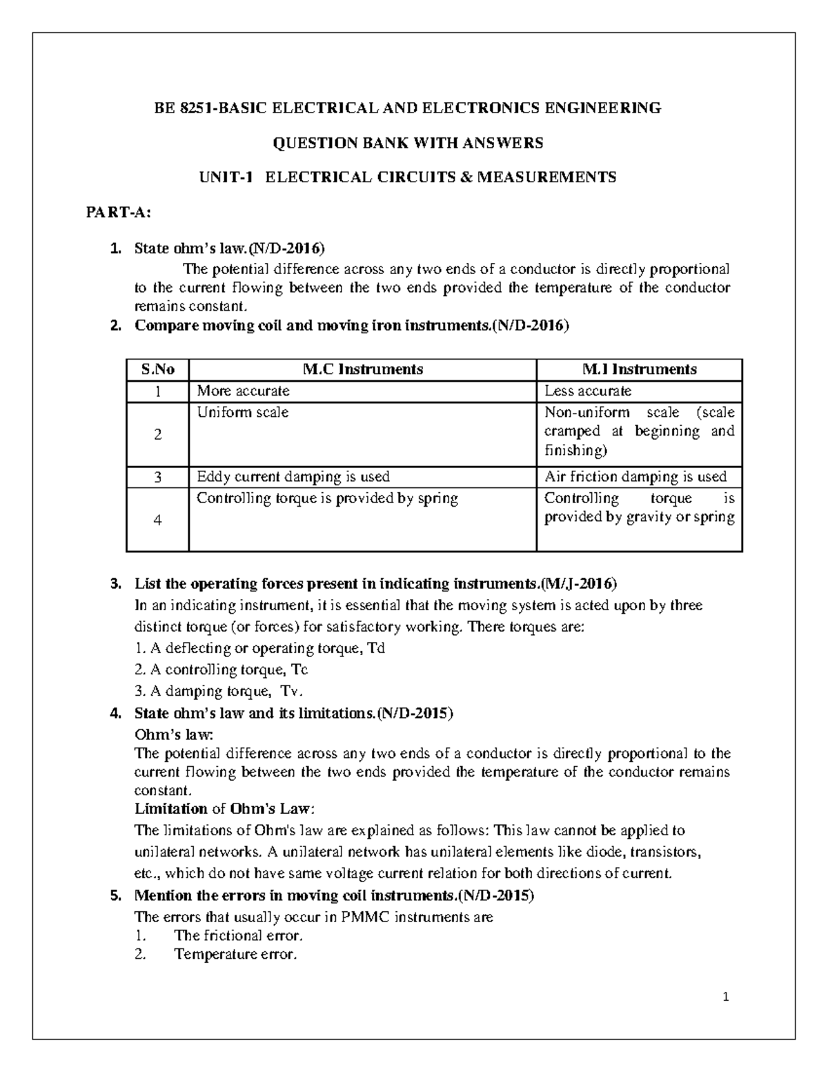 BEEE Electrical Circuits Measurements Question Bank with Answers - Studocu