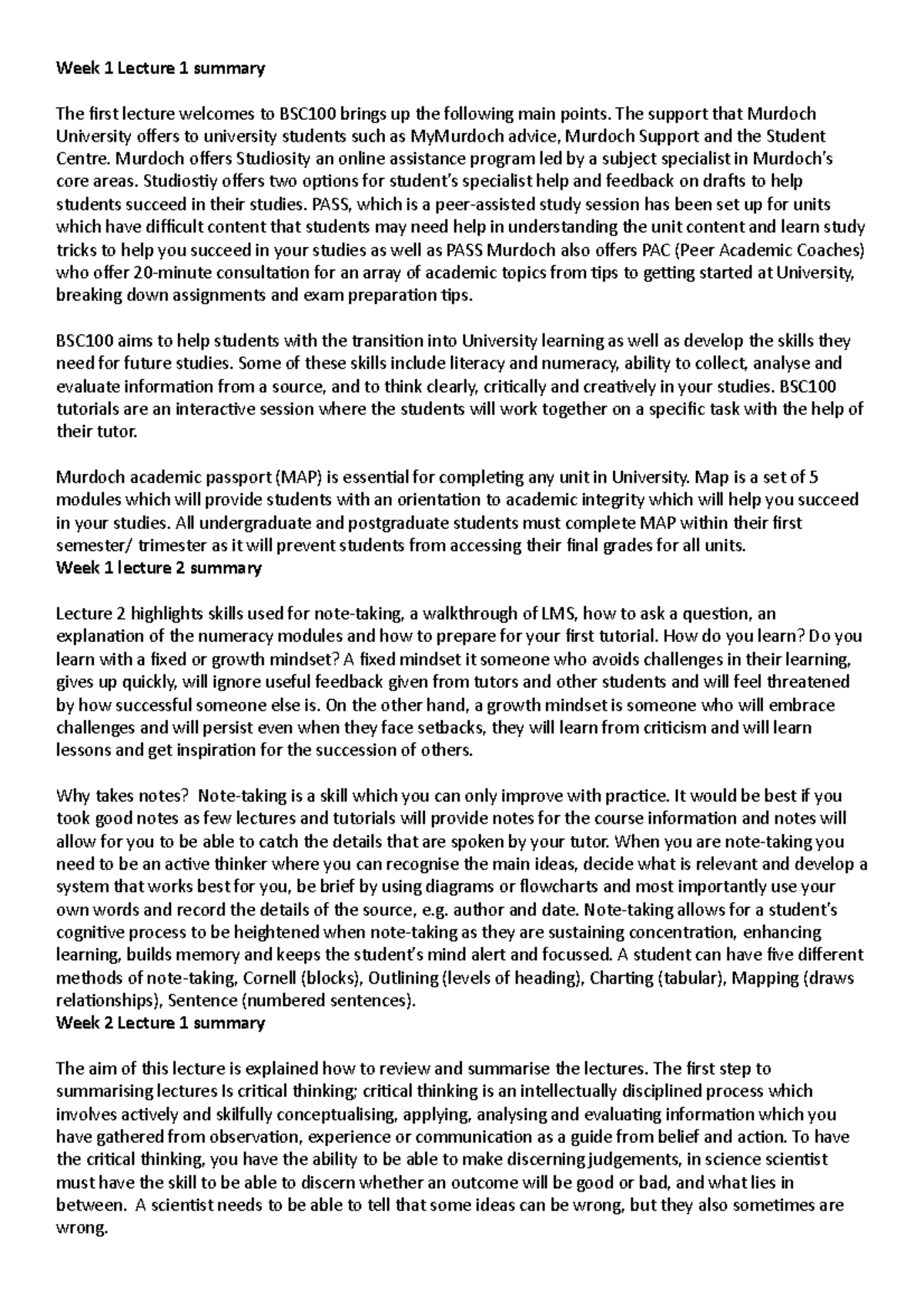 BSC100 Lecture Summaries - Week 1 Lecture 1 summary The first lecture ...