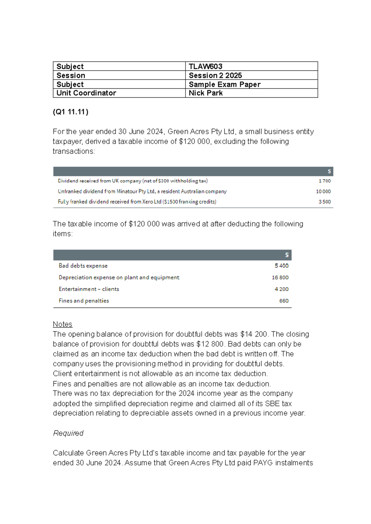 TLAW603 Sample Exam Paper - Taxation Case Studies 2025 - Studocu