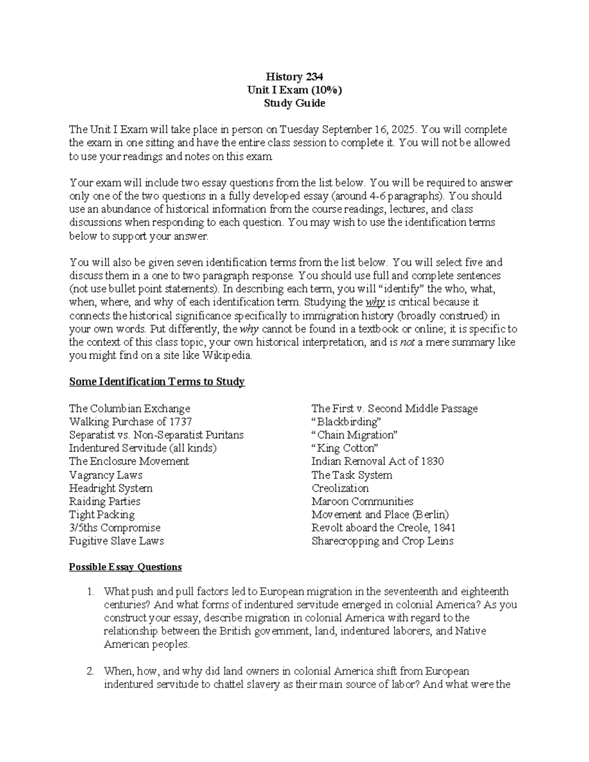 History 234 Unit I Exam Study Guide & Essay Questions - Studocu