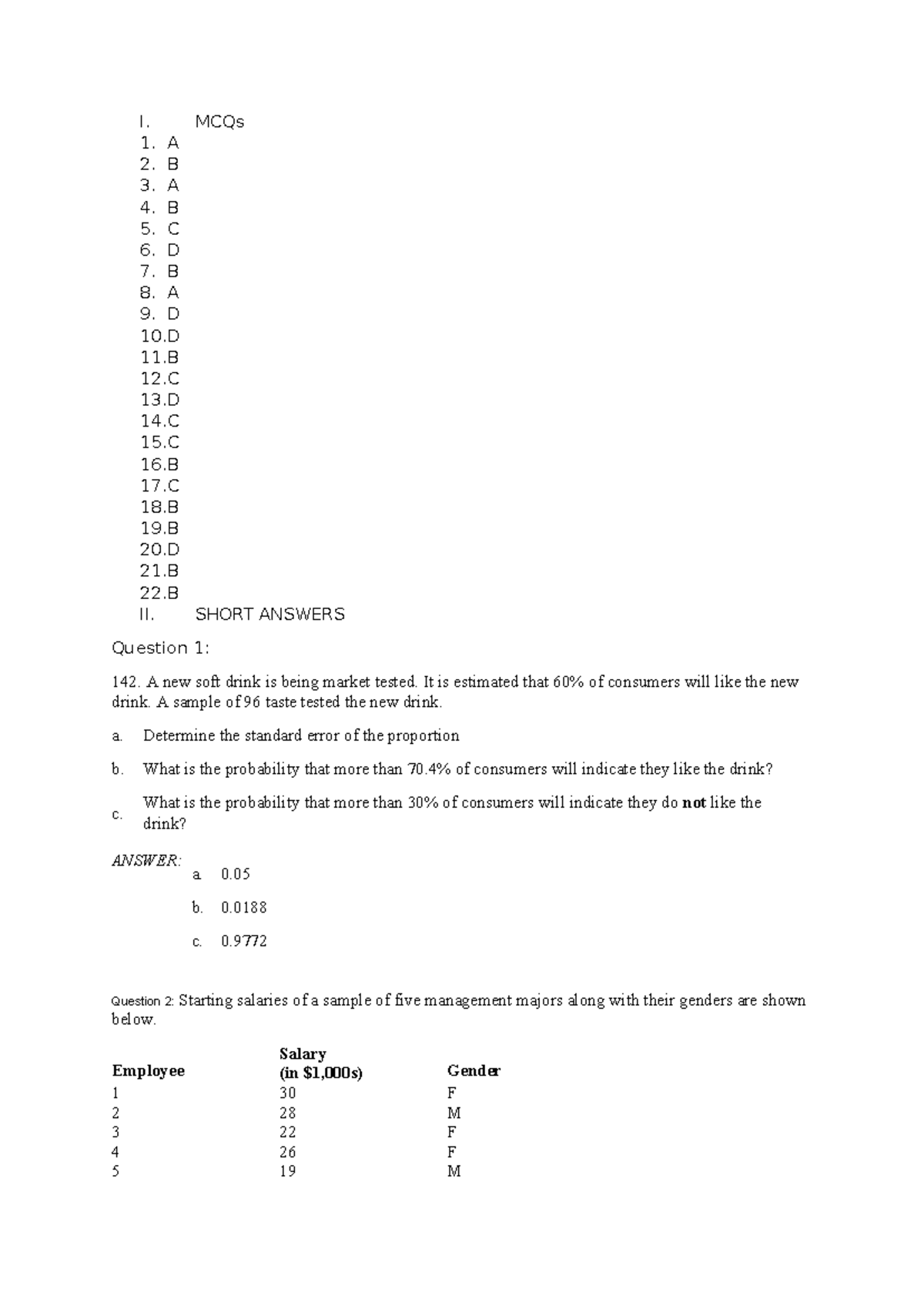 STAT 101 Mock Test Solutions: MCQs & Short Answers - Studocu