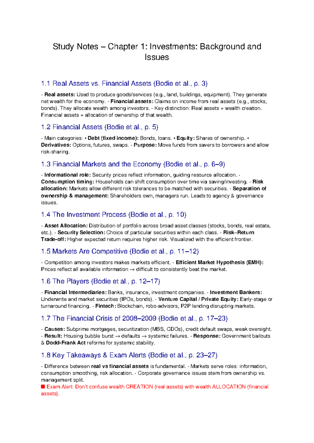 Chapter 01: Investments Study Notes - Real vs. Financial Assets - Studocu