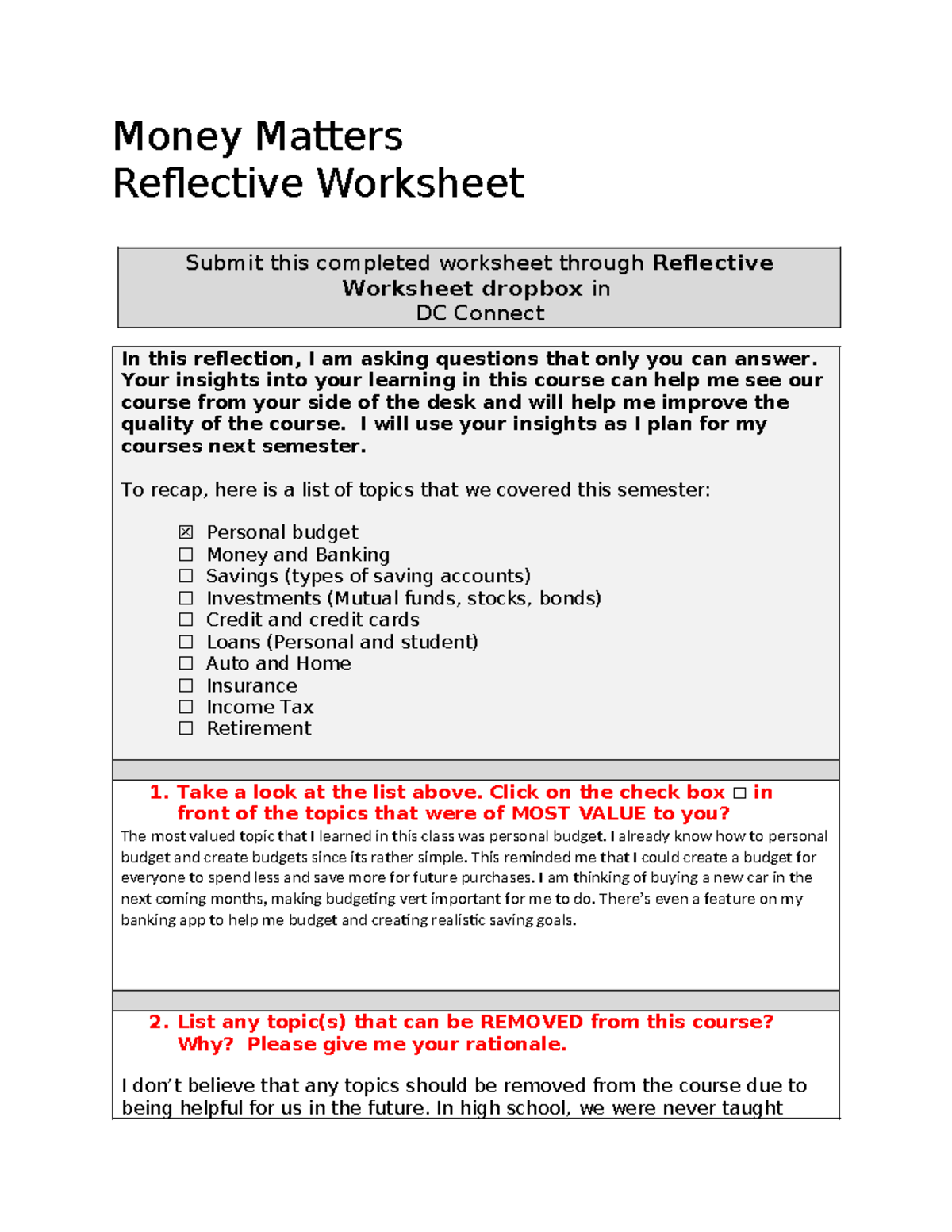 Financial Literacy Reflection Worksheet - Course Code: MONEY101 - Studocu