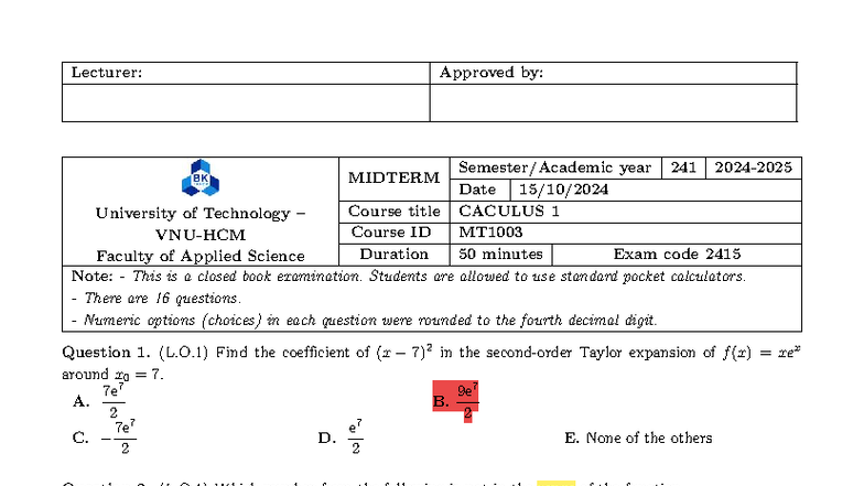 Calculus 1 Midterm Exam MT1003 - University of Technology - Studocu