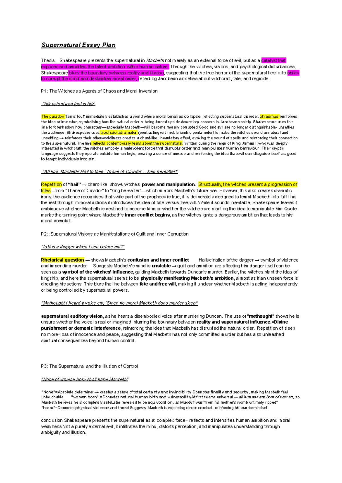 Macbeth Essay Plans: Exploring Supernatural and Guilt Themes - Studocu
