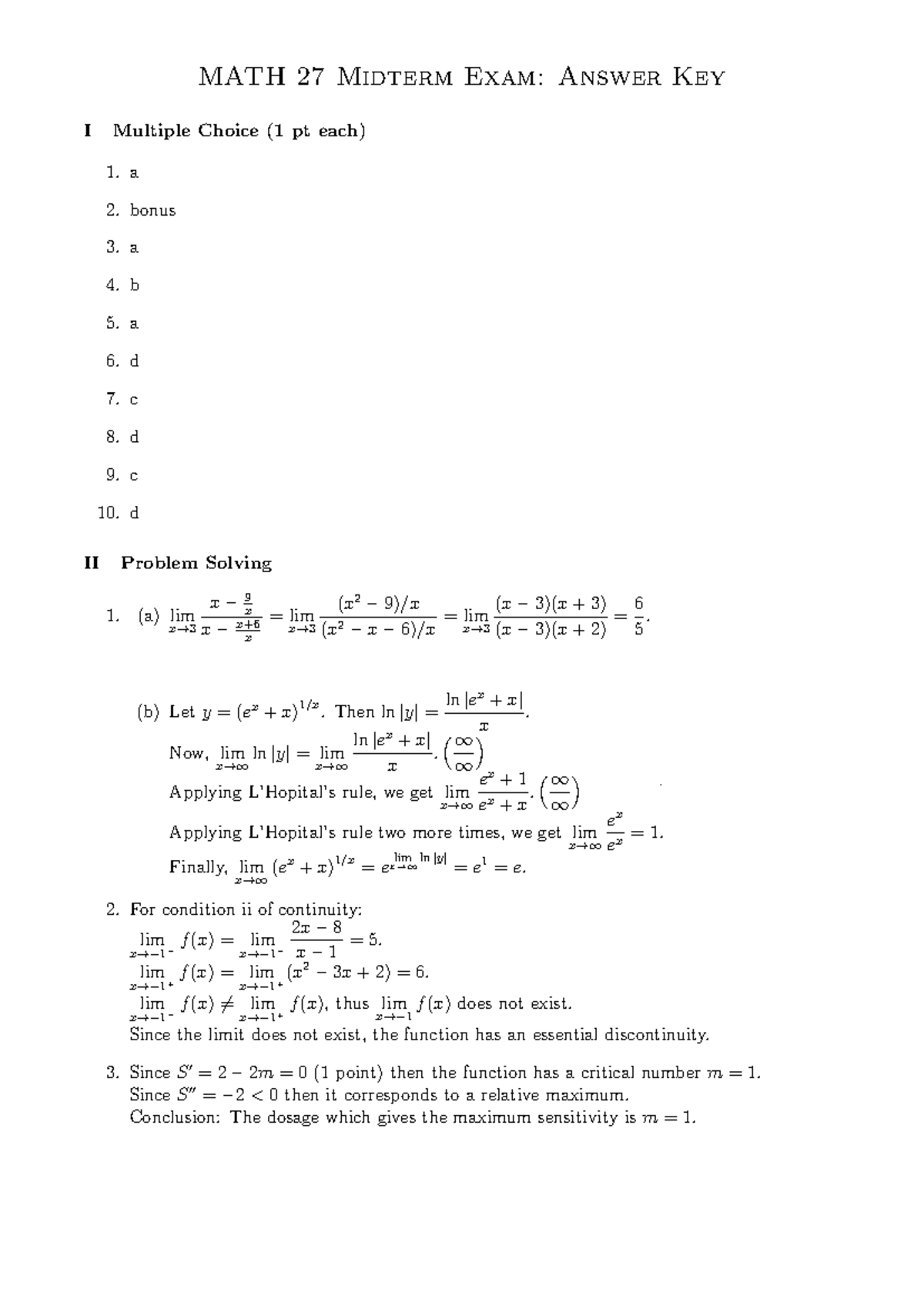 MATH 27 Midterm Exam Answer Key and Solutions - Studocu