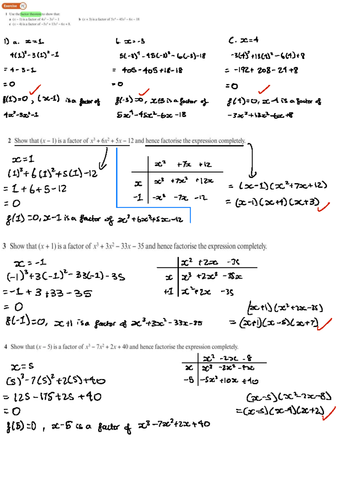 Maths Homework: Factor Theorem Exercises 7C & 14E - Studocu