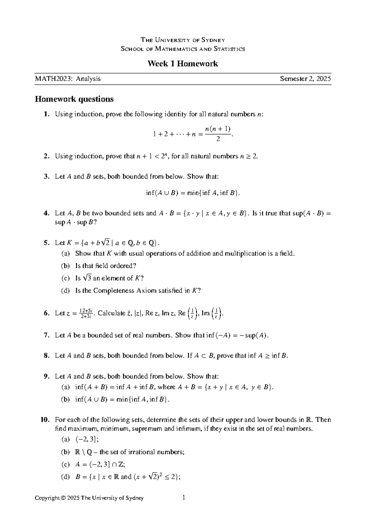 MATH2023: Analysis Homework Compilation for Semester 2, 2025 - Studocu