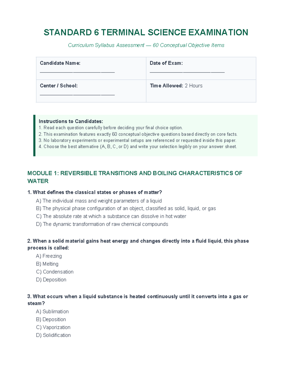 Standard 6 Science 60-Question Terminal Exam - Studocu