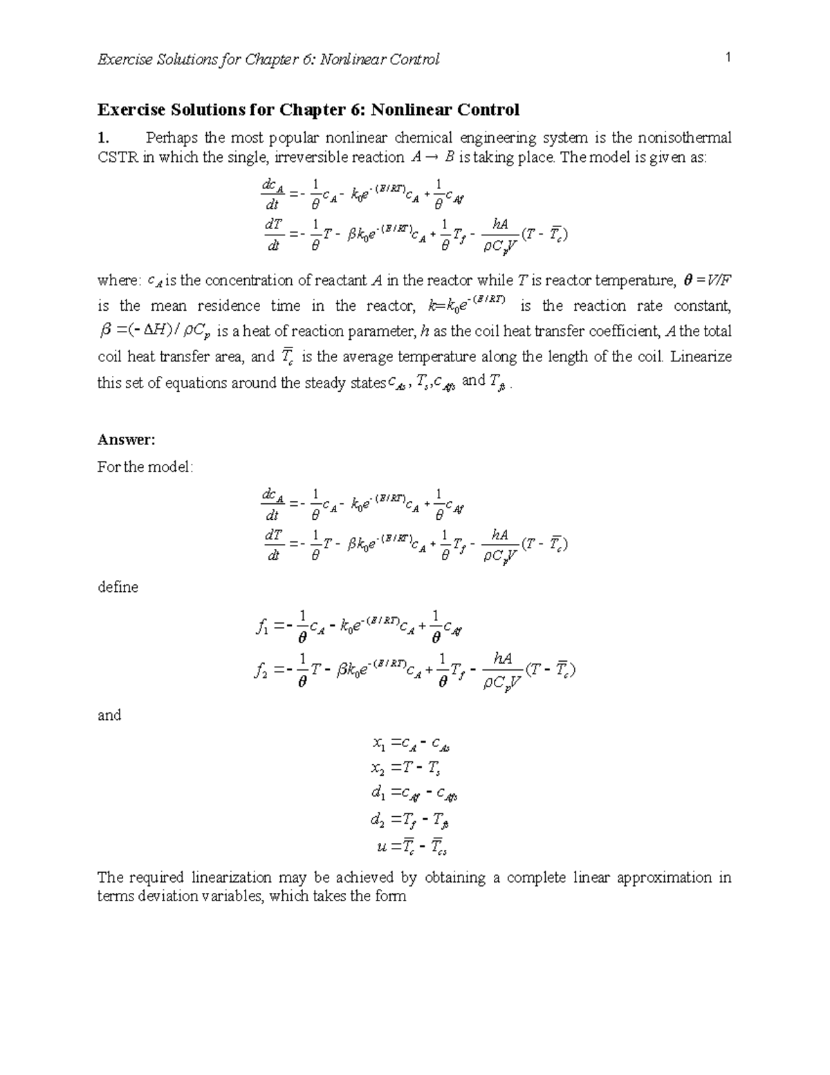 Exercise Solutions for Chapter 6: Nonlinear Control (Revised) - Studocu