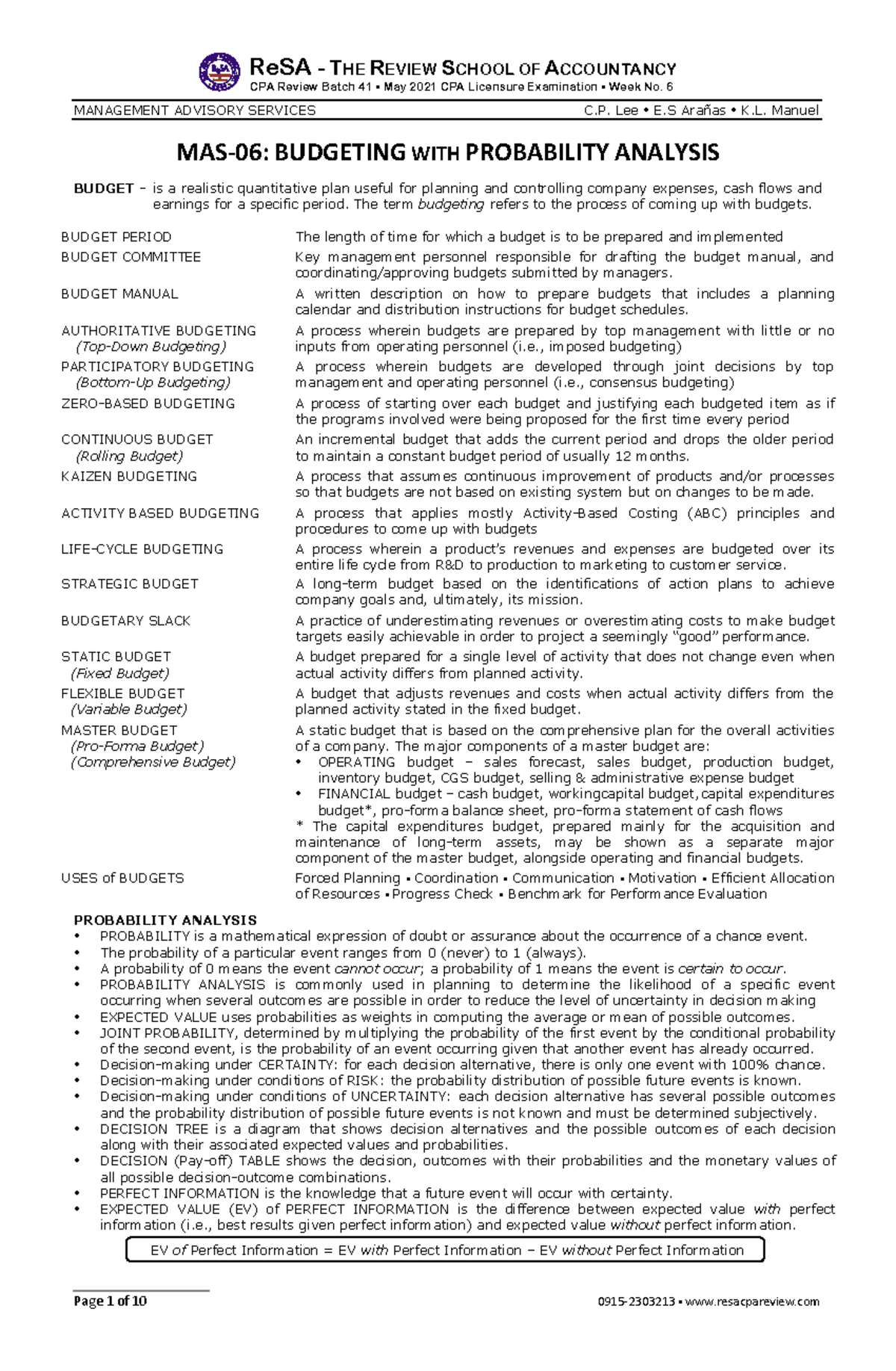 MAS-06: Budgeting & Probability Analysis for CPA Review Batch 41 - Document Preview