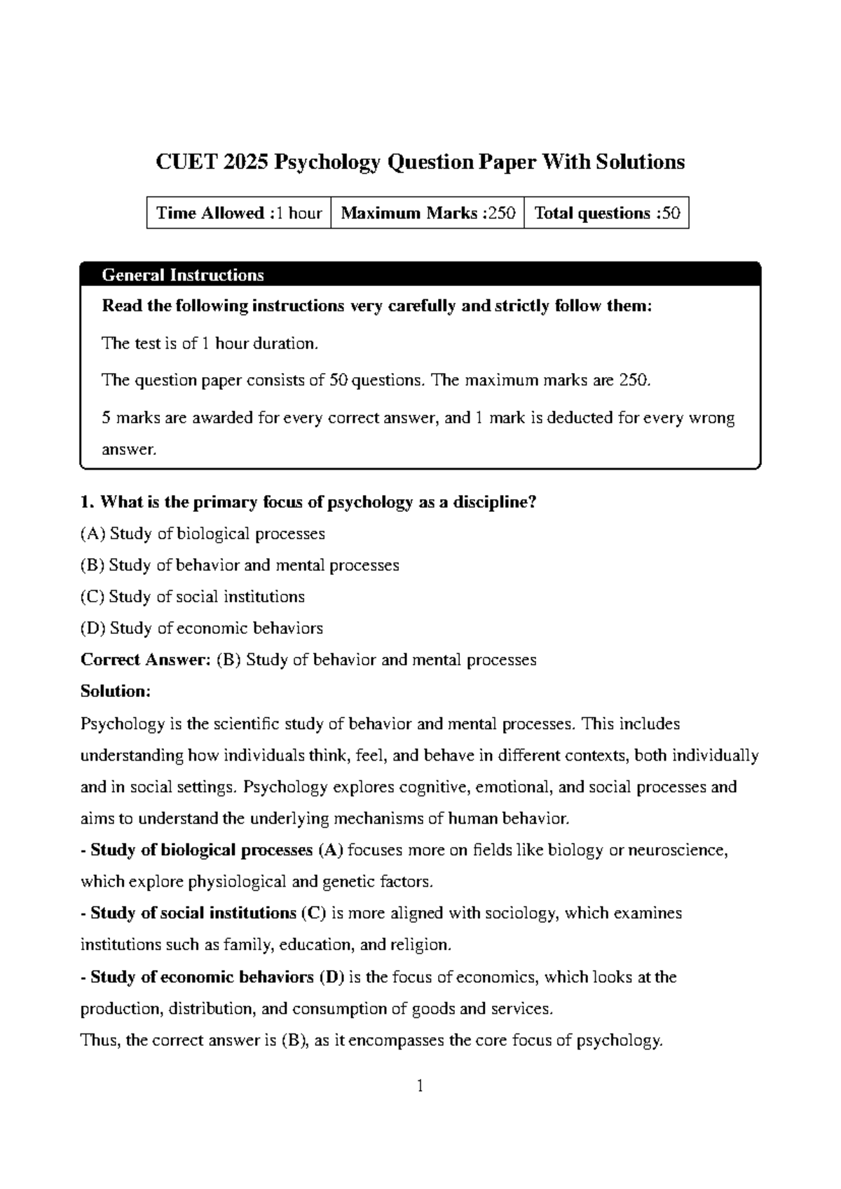 CUET 2025 Psychology Question Paper with Solutions - Studocu