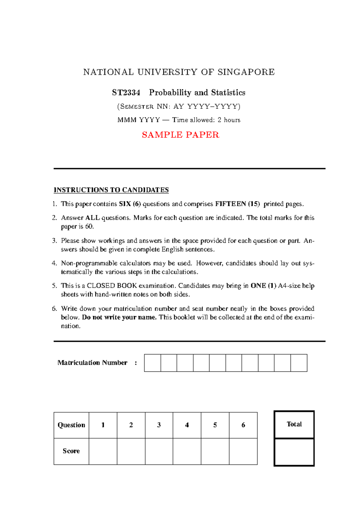 ST2334 - Sample Practice Paper for Probability and Statistics Exam ...