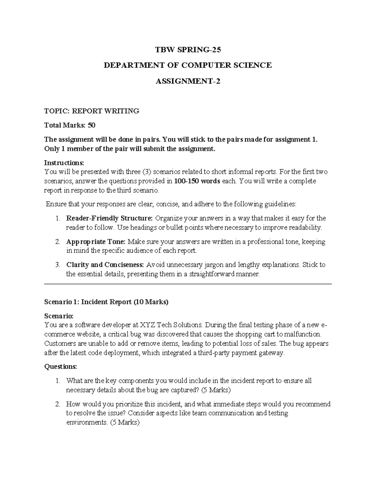TBW CS Spring-25 Assignment 2: Report Writing Guidelines and Scenarios ...
