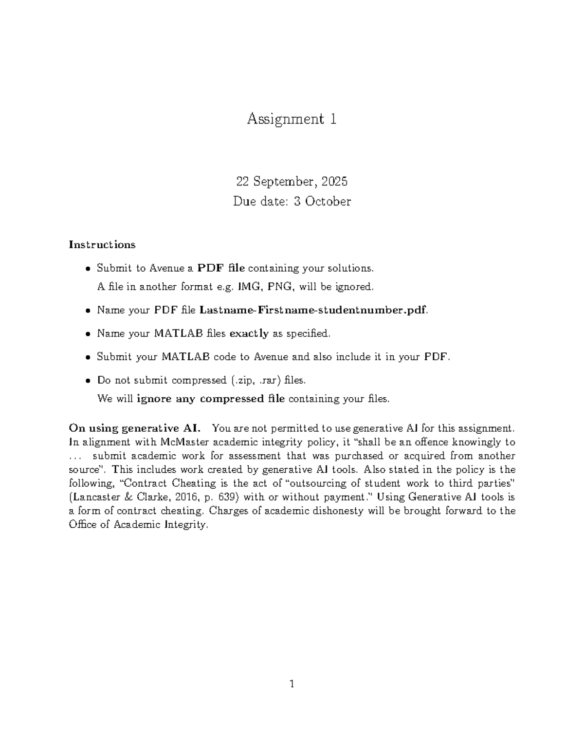 A1-2025: MATLAB Assignment 1 Instructions and Problem Set - Studocu