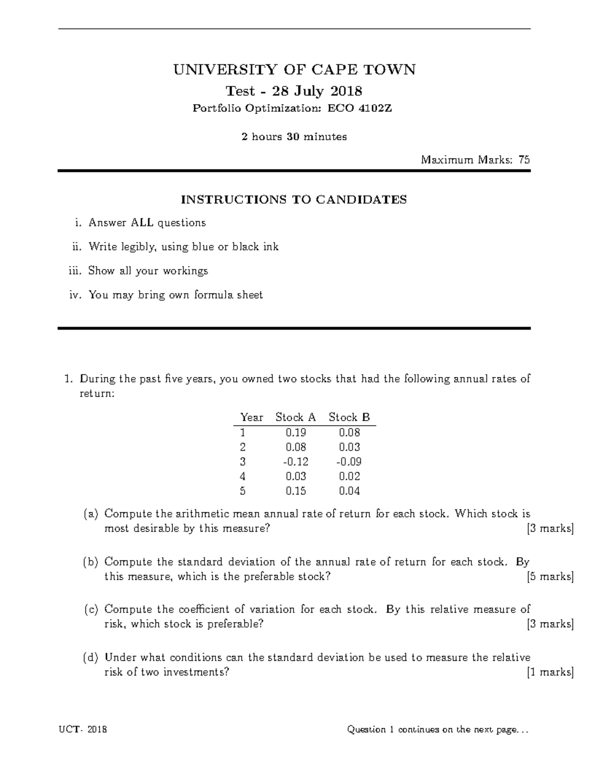 UCT 2018/2019 ECO 4053 Financial Economics Tutor Notes Part B - Studocu
