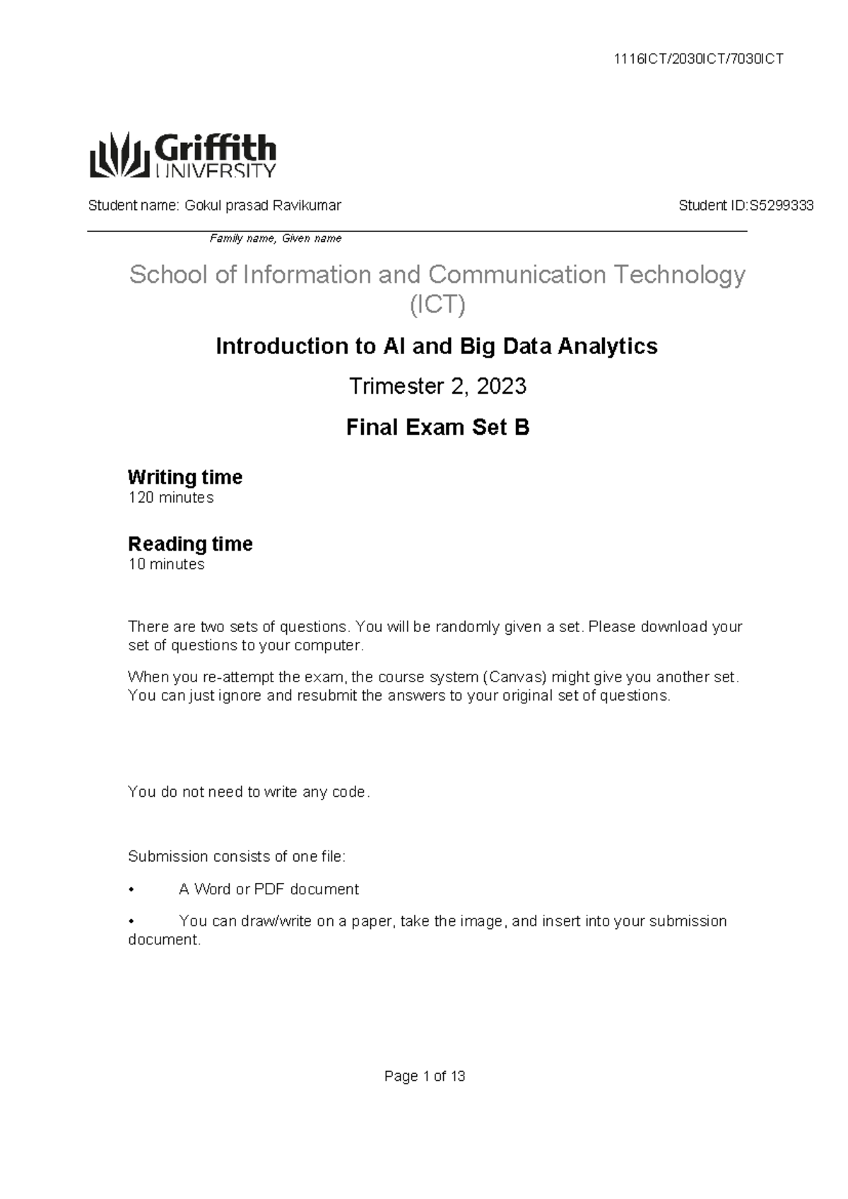 Final Exam Set B - Introduction to AI & Big Data Analytics - ICT 2023 ...