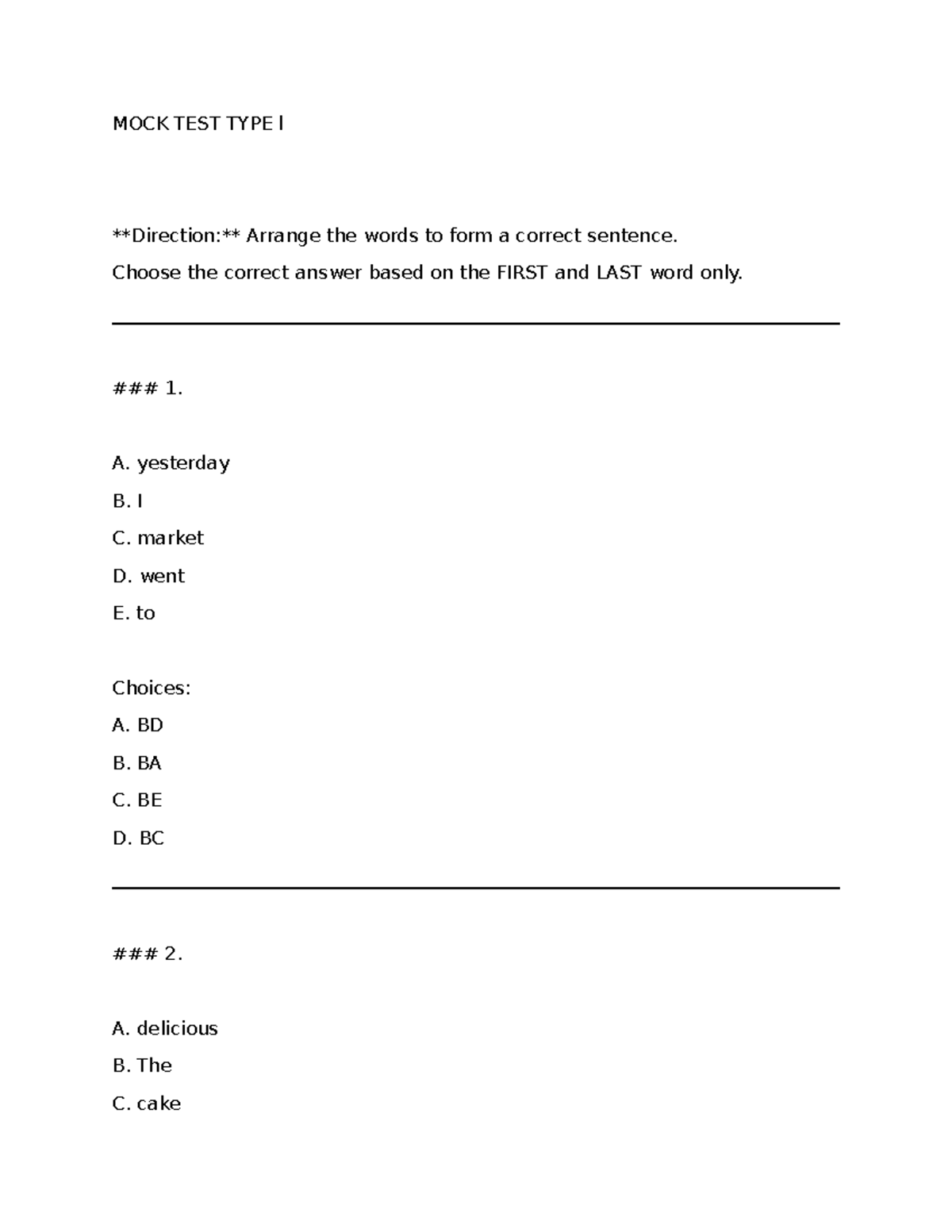MOCK TEST TYPE I: Sentence Arrangement Practice - Studocu