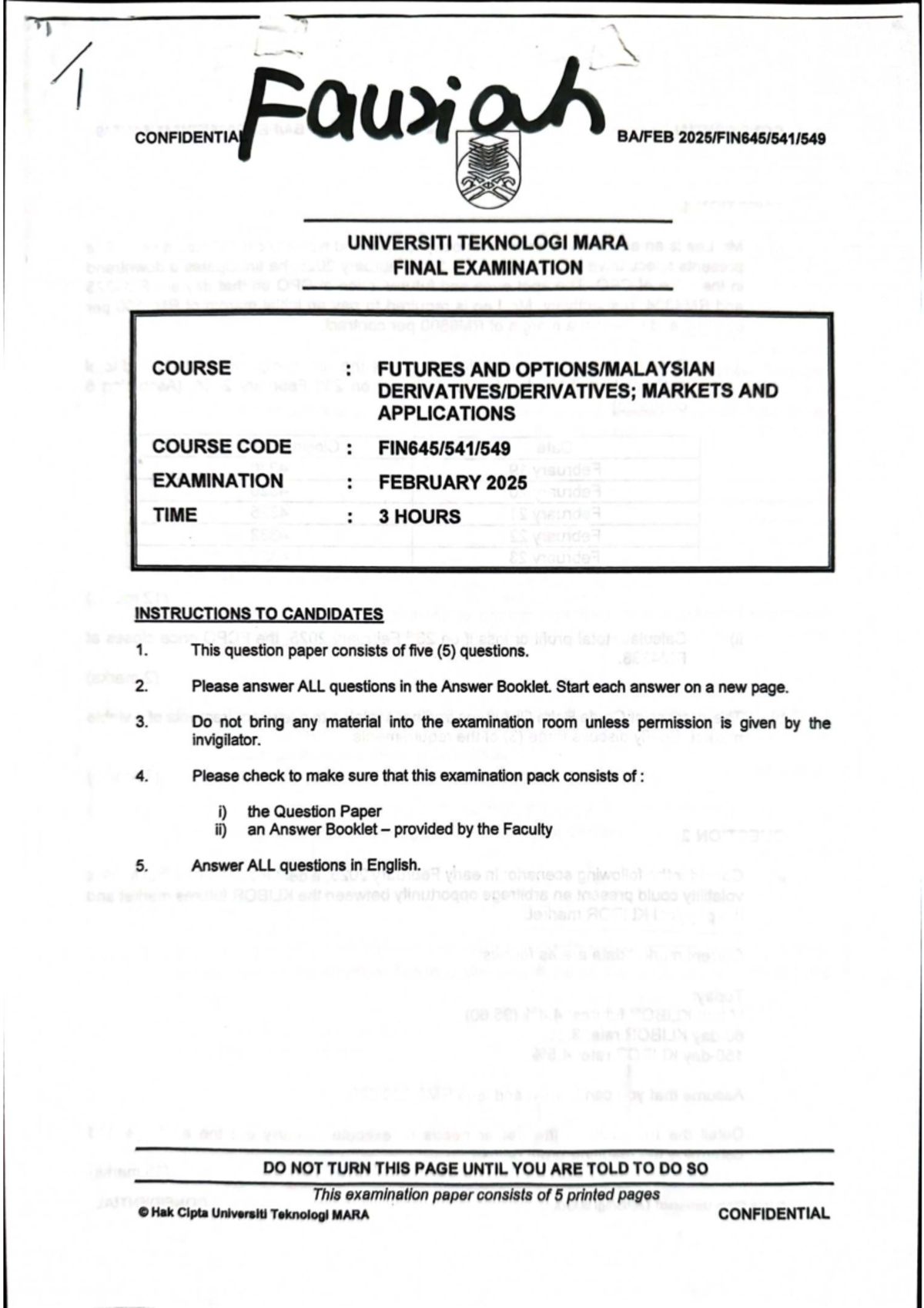 FIN549 FEB2025 - Final Exam Past Year Questions on Futures & Markets - Document Preview