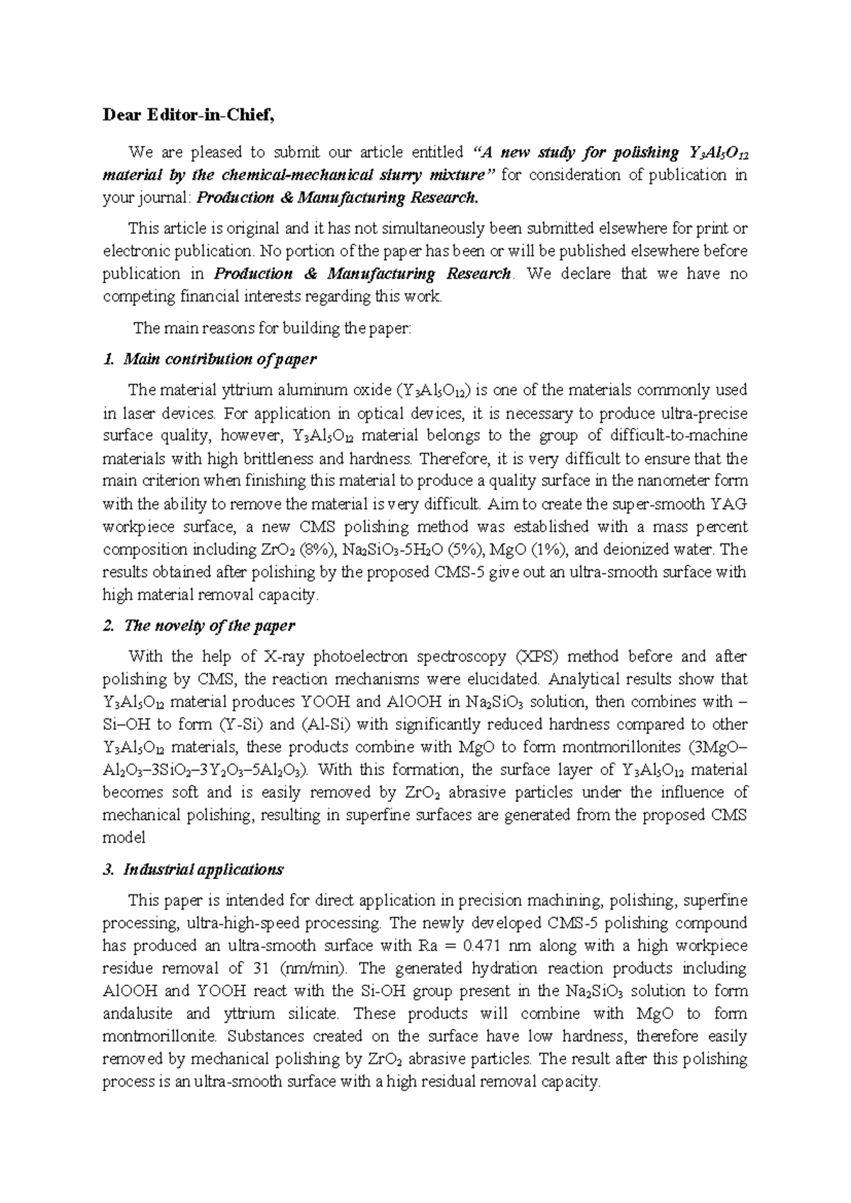 Cover Letter for Submission: Polishing Y3Al5O12 Material Study - Studocu
