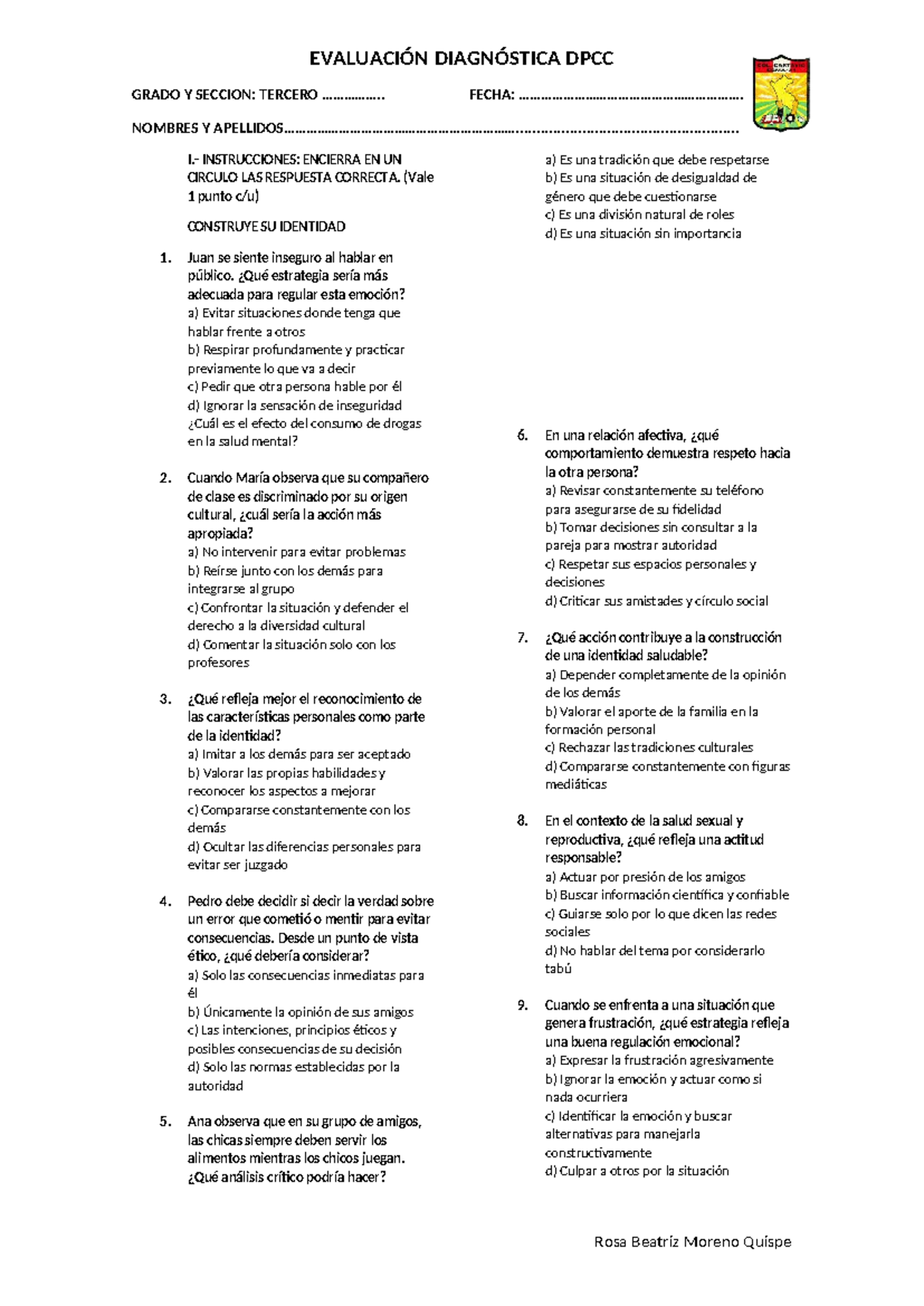 Evaluación Diagnóstica DPCC - 3° Grado: Construcción de Identidad - Studocu