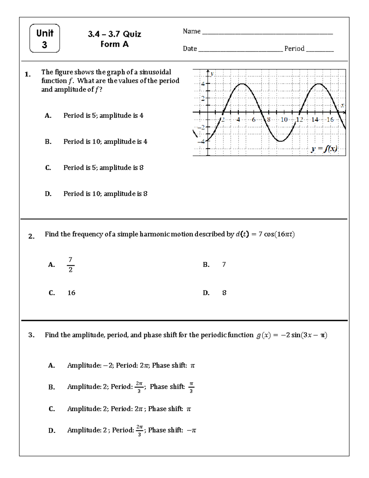 Quiz 3.4-3.7 Form A: Sinusoidal Functions and Harmonic Motion - Studocu