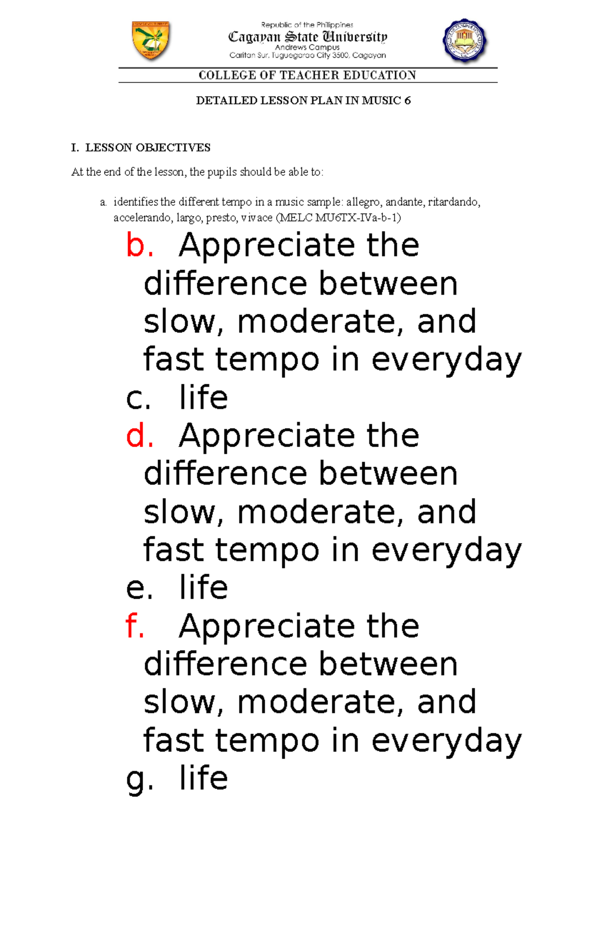 Detailed Lesson Plan on Tempo in Music 6 (MELC MU6TX-IVa-b-1) - Studocu