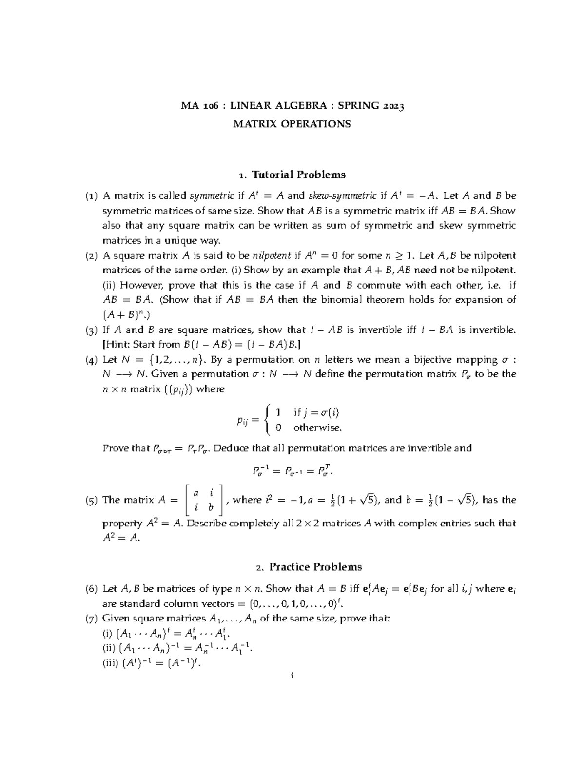 MA 106: Matrix Operations Tutorial Problems - Spring 2023 - Studocu