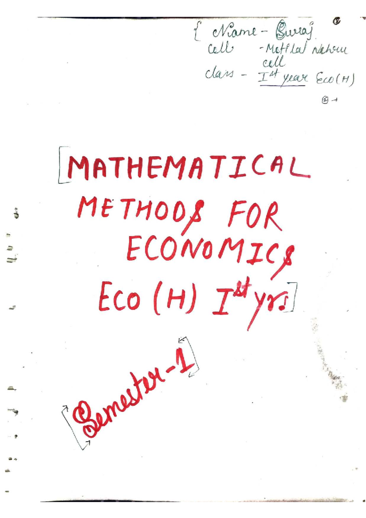 Mathematical Methods for Economics - ECO(H) 1st Year Sem 1 Notes - Studocu